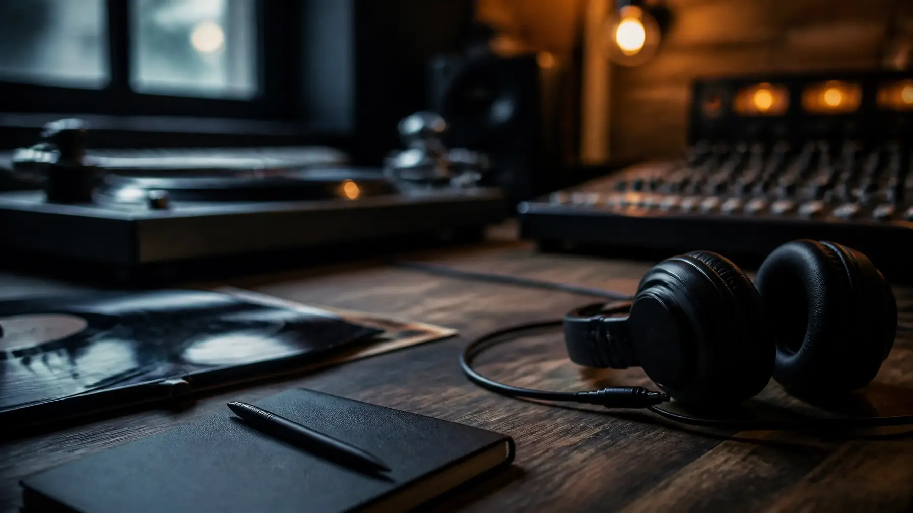 Turntable, mixer and headphones in a warmly lit studio